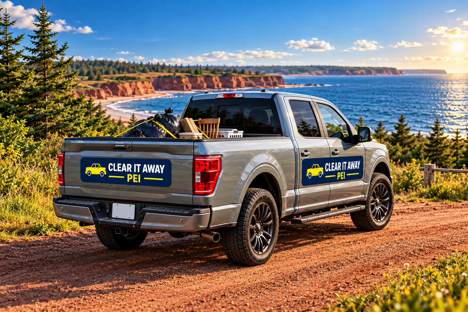 Illustration of a grey Ford F-150 with navy and yellow Clear it Away PEI logo panels and a load of unwanted items in its pickup bed